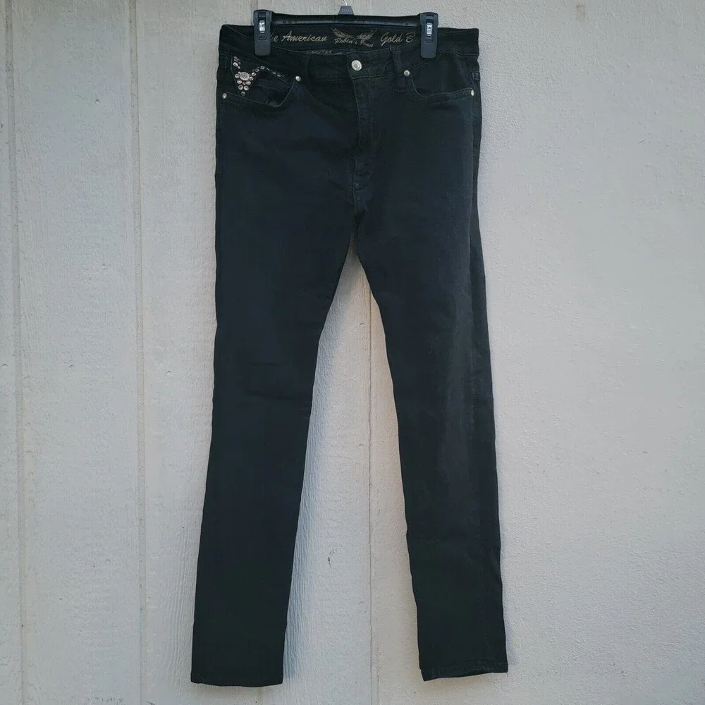 Robins jeans black embroidered wing with embellished flap pockets Mens sz 36